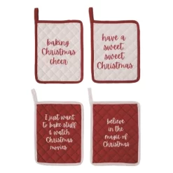 Transpac Christmas Humor Pot Holder Set Of 4 Cotton Kitchen Textiles Holiday Home Decorations