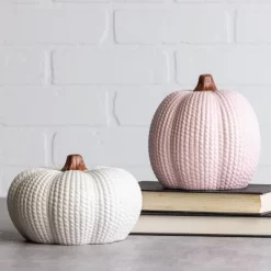 Transpac Dolomite Pastel Knit Pumpkin Decor Set Of 2 Resin Sculptures For Fall Halloween Indoor Tabletop Decoration