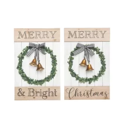 Transpac MDF Holiday Slat Decor With Bell Set Of 2 Christmas Home Decorations For Festive Wood Decor