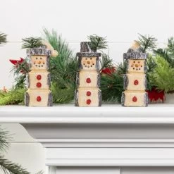 Transpac Small Resin Snowy Wooden Snowman Set Of 3 Christmas Home Decorations For Festive Decor