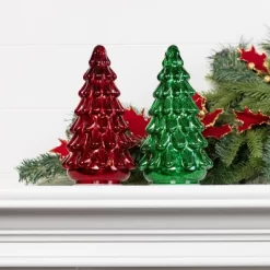 Transpac Glass Light Up Green And Red Tree Decor Set Of 2 Christmas Home Decorations For Festive Cheer