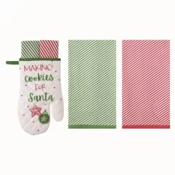 Transpac Fabric Oven Mitt And Towels Gift Set 3 Cotton Kitchen Textiles Multicolored Machine Washable Holiday Decor