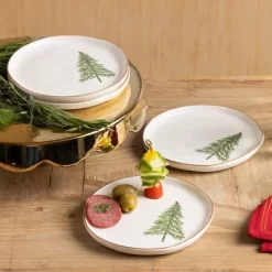 Transpac Set Of 4 Ceramic Appetizer Plates Cardinal Tree Design Multicolor Christmas Tabletop Decor Safe For Dishware