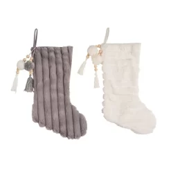 Transpac Cozy Fabric Textured Christmas Stocking Set Of 2 With Pom Poms Holiday Home Decorations
