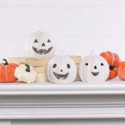 Transpac Ceramic Light Up Jack-O-Lantern Set Of 3 Halloween Home Decorations White Pumpkins
