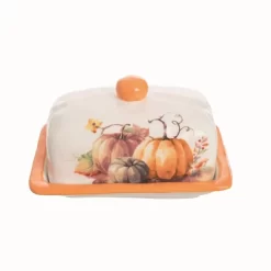 Transpac Dolomite Pumpkin Butter Dish Set Of 2 Decorative Ceramic Figurines For Fall Harvest Tabletop Decor