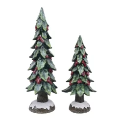 Transpac Set Of 2 Resin Berry Trees Glitter Decorative Christmas Tabletop Sculptures Indoor Holiday Decor Gift