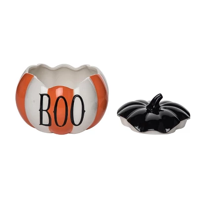 Transpac Ceramic Striped Pumpkin Cookie Jar Decorative Object For Halloween Home Decor Multicolored Dolomite Tabletop Gift 2 Transpac Ceramic Striped Pumpkin Cookie Jar Decorative Object For Halloween Home Decor Multicolored Dolomite Tabletop Gift - Image 2