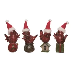 Transpac Set Of 4 Cute Sitting Cardinal Home Decorations With Hat Resin Christmas Decor