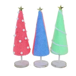 Transpac 11.0 Inch Fabric Punch Needle Tree Set Christmas Decorative Tree Set , Christmas Decor Fabric Wrapped Cone Wooden Base (3PC)