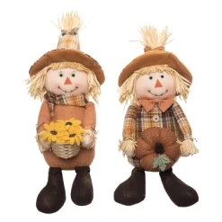 Transpac Plush Plaid Harvest Scarecrow Sitter Set Of 2 Decorative Figurines For Fall Indoor Tabletop Decor
