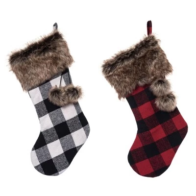 Transpac Fabric Check And Faux Fur Christmas Stocking Set Of 2 Holiday Home Decorations Polyester 1 Transpac Fabric Check And Faux Fur Christmas Stocking Set Of 2 Holiday Home Decorations Polyester