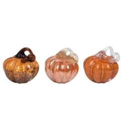 Transpac Glass Bright Orange Pumpkin Set Of 3 Decorative Objects For Fall Harvest Tabletop Decor Ideal For Autumn Home Decoration