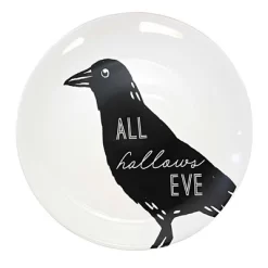 Transpac 8.0 Inch Halloween Line Art Plates Halloween Seasonal Tabletop , Halloween Decor St/4 Black Cat Ghost Crow Skull (4PC)