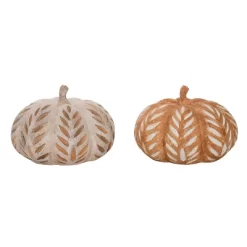 Transpac Set Of 2 Multicolor Resin Pumpkin Sculptures With Leaf Pattern For Fall Harvest Tabletop Decor And Gifts