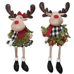 Transpac Plush Light Up Buffalo Check Moose Shelf Set Of 2 Christmas Home Decorations For Festive Decor