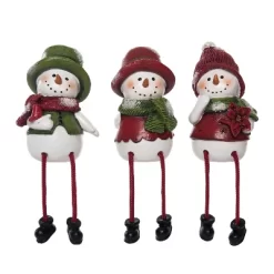 Transpac Resin Green & Red Snowman Shelf Sitter Set Of 3 - Festive Christmas Decorative Objects For Holiday Cheer