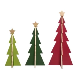 Transpac Set Of 3 MDF Triangle Tree Sculptures Multicolor Decorative Objects For Christmas Holiday Tabletop Decor