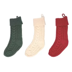 Transpac Set Of 3 Fabric Cable Knit Christmas Stockings Multicolor Polyester Holiday Decor For Mantel Indoor Use