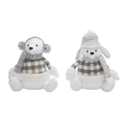 Transpac Plush Polar Bear Sitter Set Of 2 Christmas Home Decorations Soft Polyester Holiday Decor