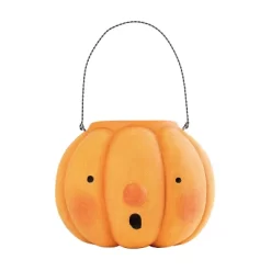 Transpac Paper Mache Pumpkin Bucket Decorative Object For Halloween Tabletop Decor Orange Indoor Sculpture Gift