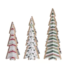 Transpac MDF Holiday Prints Triangle Trees Set Of 3 Decorative Wood Christmas Sculptures Multicolor Tabletop Decor
